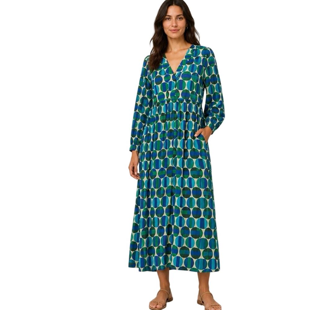 ZARA Smock Oversized V Neck Midi Blue Green Geometric Dress Size Medium